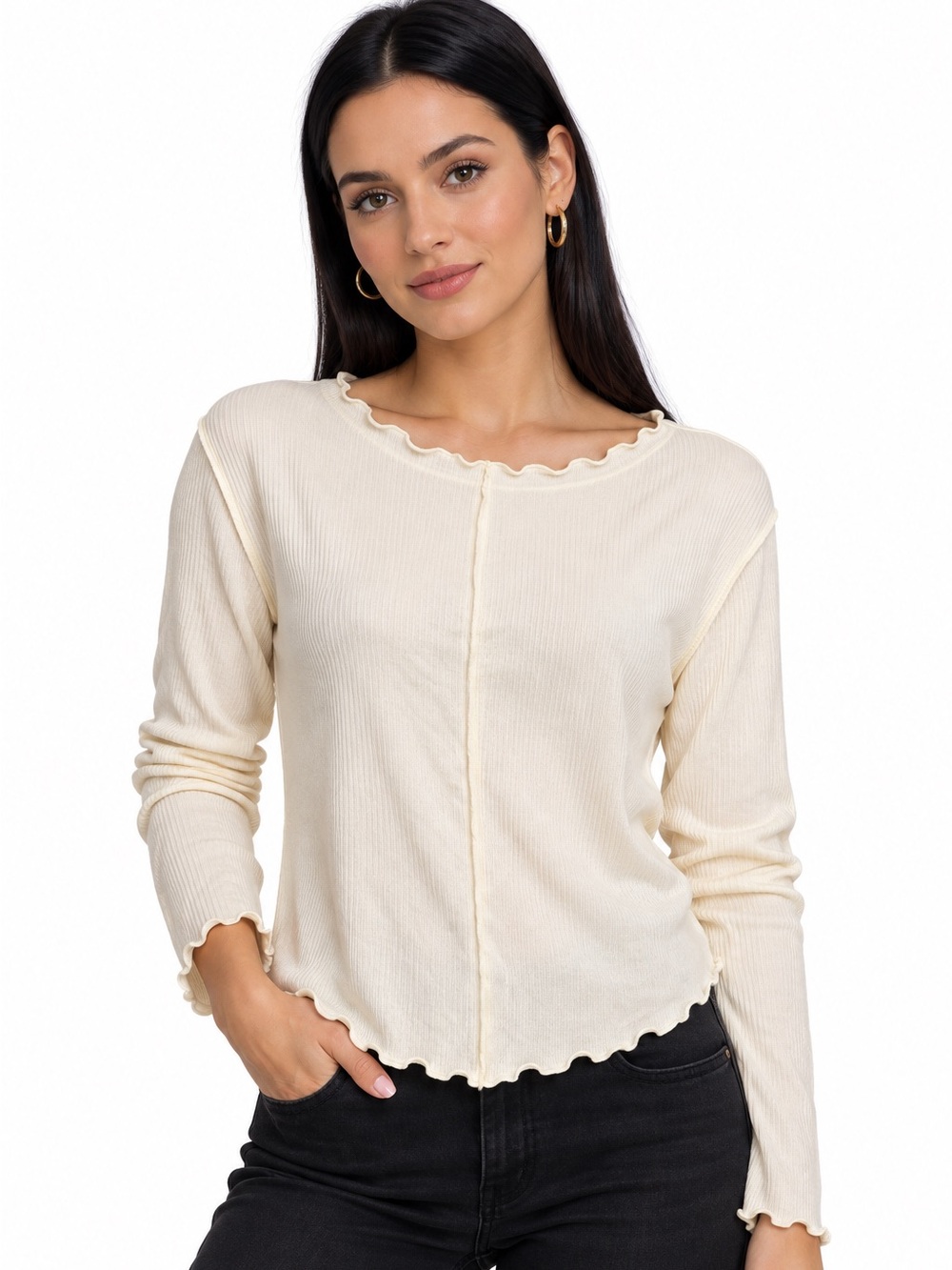 NWT Aerie Cream Ruffle-Trim Long Sleeve Scallop Neck Layering Top